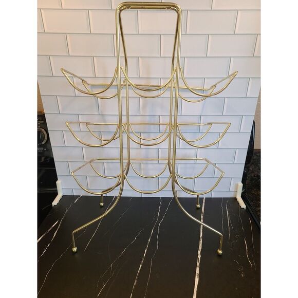 Vintage Gold Brass Wine Rack 9 Bottle Liquor Holder Bar Caddy w Handle MCM Retro - Picture 9 of 12